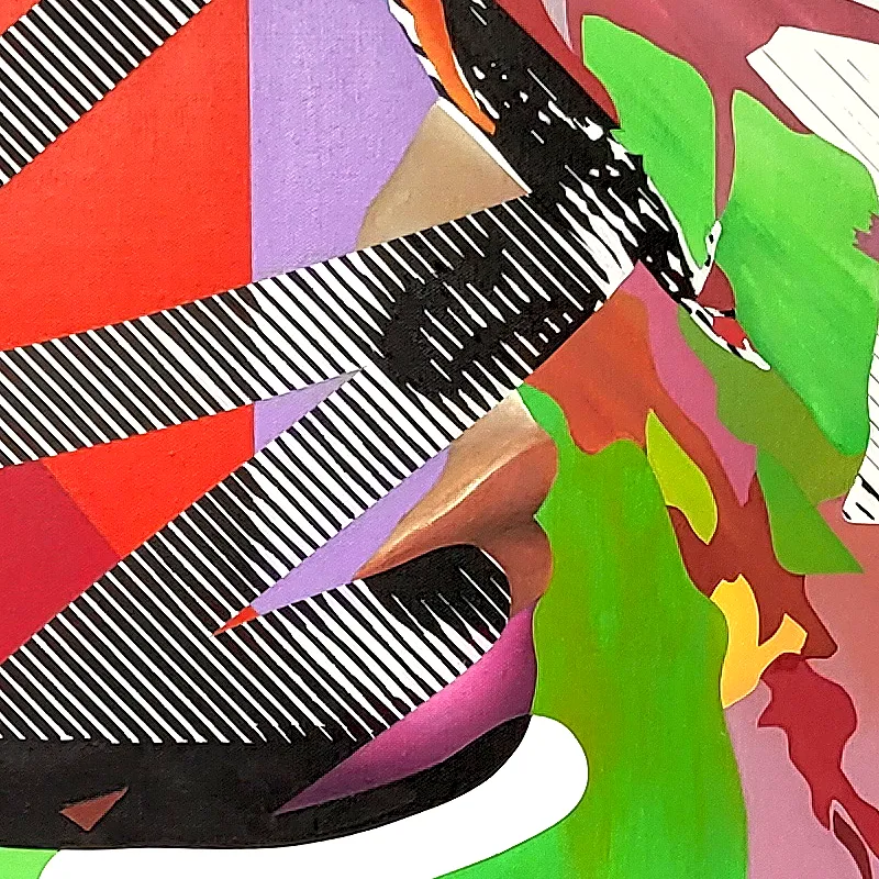 Hand-painted halftone stencil and natural flesh tones in a fragmented portrait by Paul Kneen