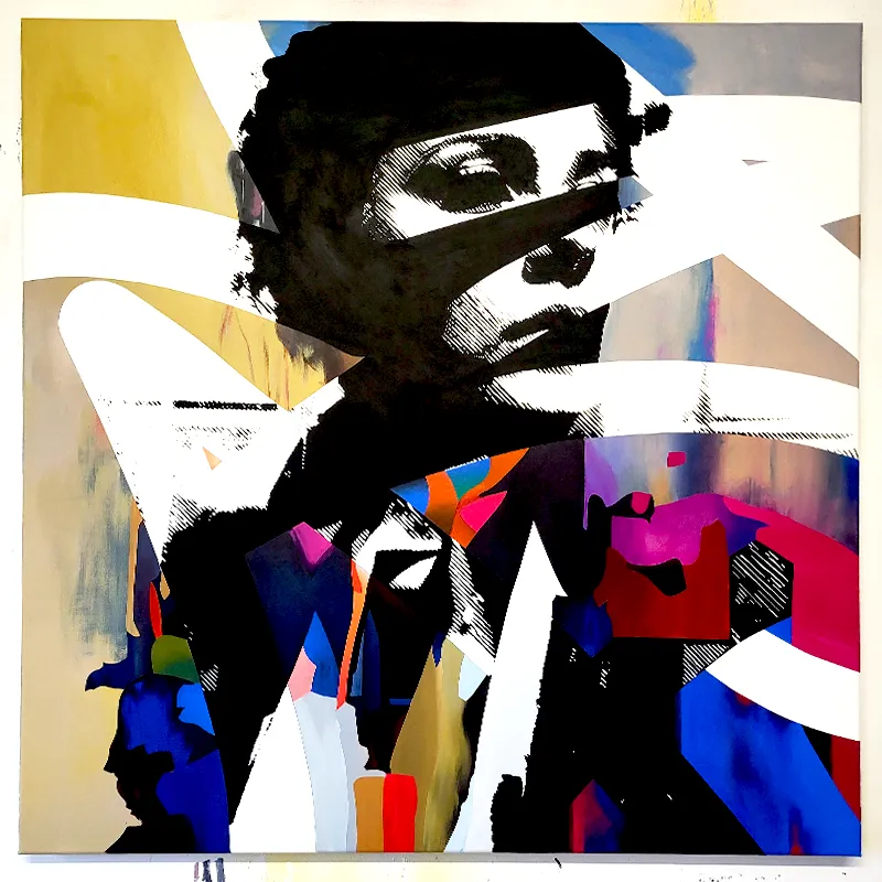 Abstract portrait painting by Paul Kneen featuring a large black area across the face, black-and-white halftone details and colourful geometric shapes.