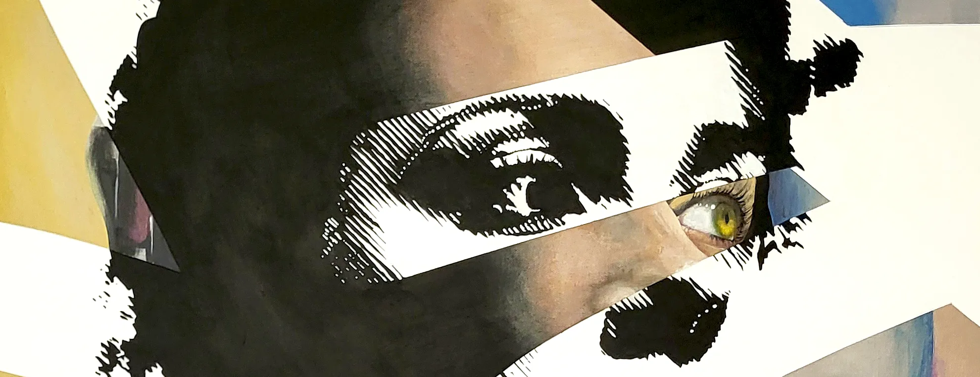 Close-up of an abstract portrait painting by Paul Kneen, combining realistic skin tones with a black-and-white halftone stencil.