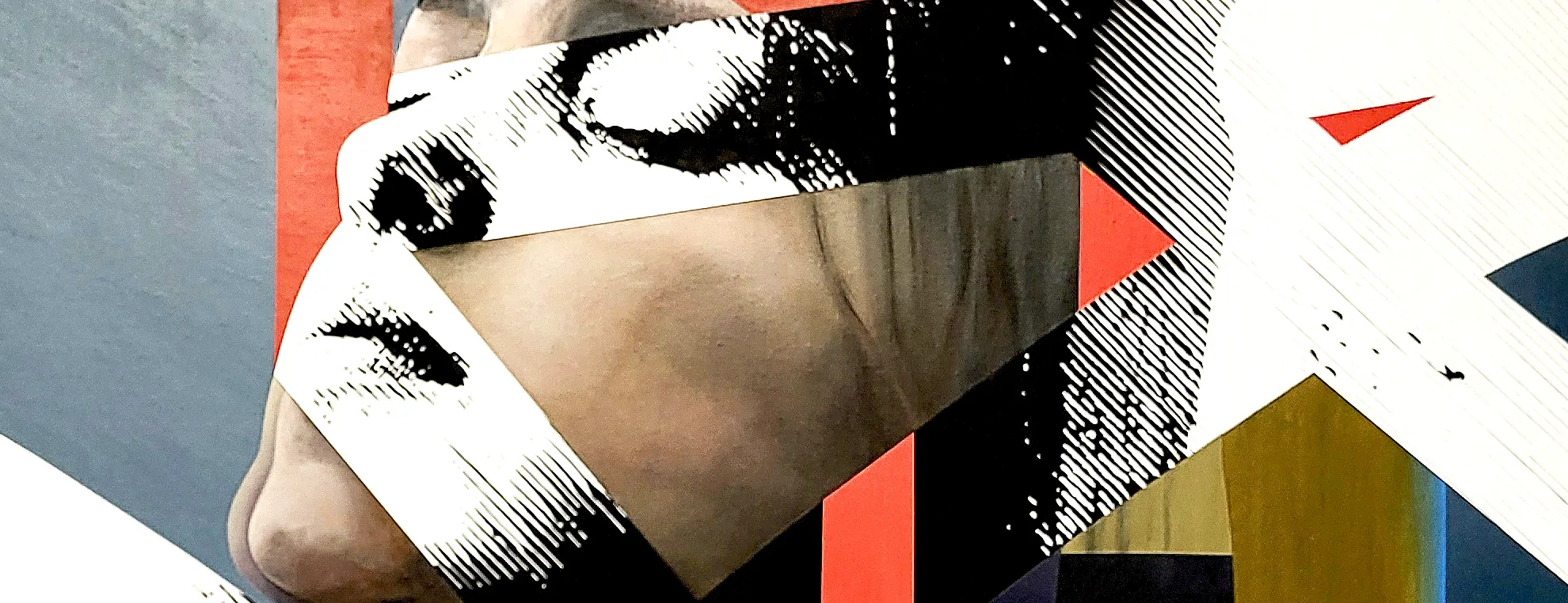 Close-up of a contemporary abstract portrait painting by Paul Kneen, featuring geometric shapes and black-and-white stencil details.