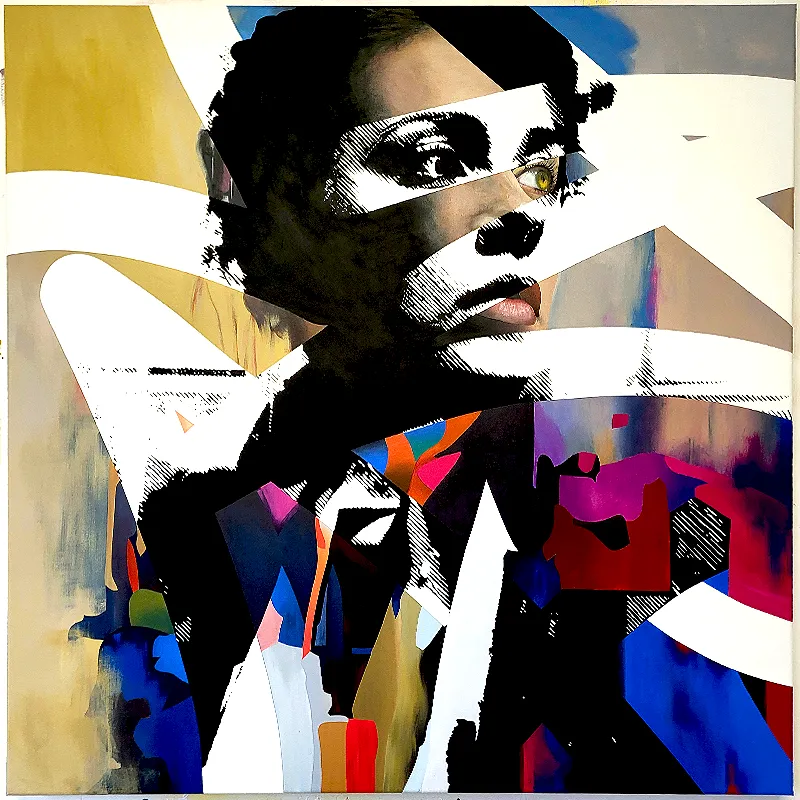 Finished abstract portrait painting by Paul Kneen featuring realistic skin tones, detailed eyes and lips, colourful geometric shapes and black-and-white halftone stencil work.