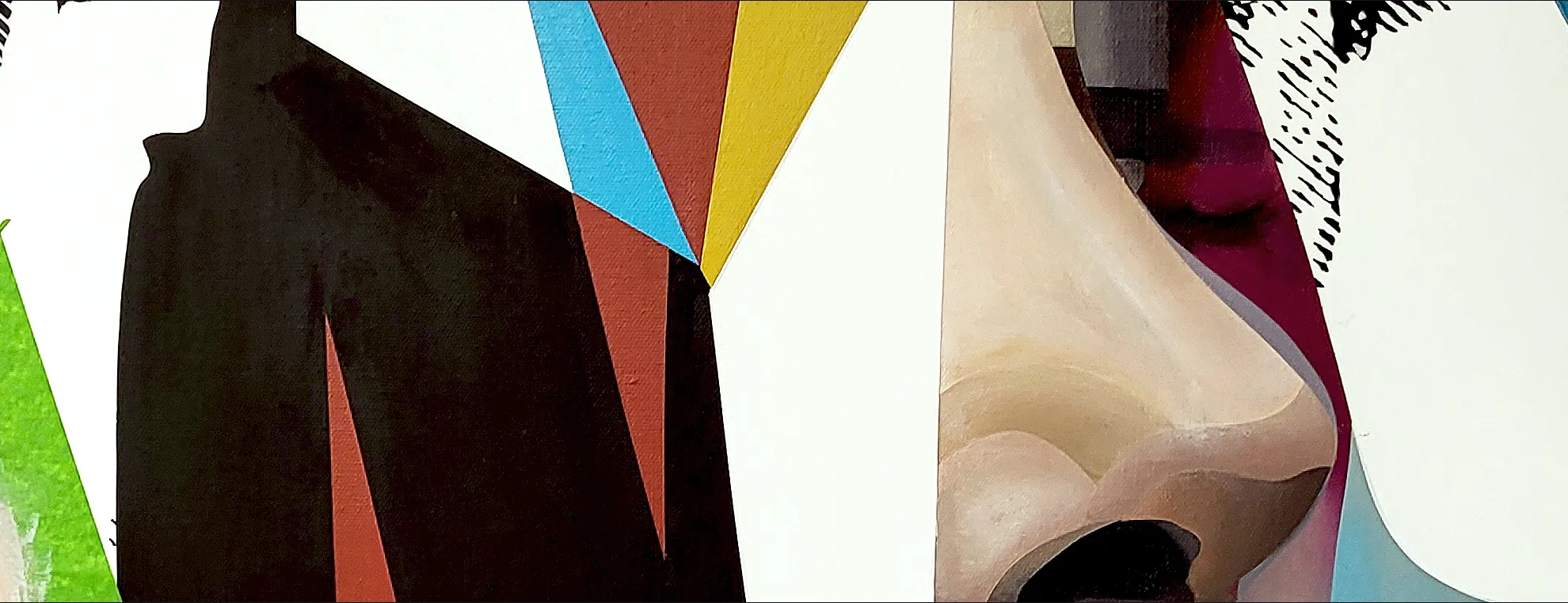 Close-up of a contemporary abstract portrait painting by Paul Kneen, showing a realistically painted nose alongside bold geometric shapes and colours.
