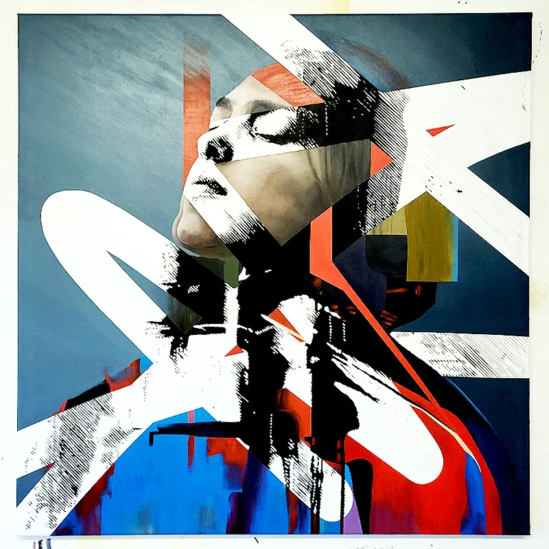 My latest painting for my upcoming solo exhibition in Hamburg. Still untitled. Contemporary abstract portrait painting by Paul Kneen, combining realistic facial features, geometric colour blocks and hand-painted black-and-white stencil details.